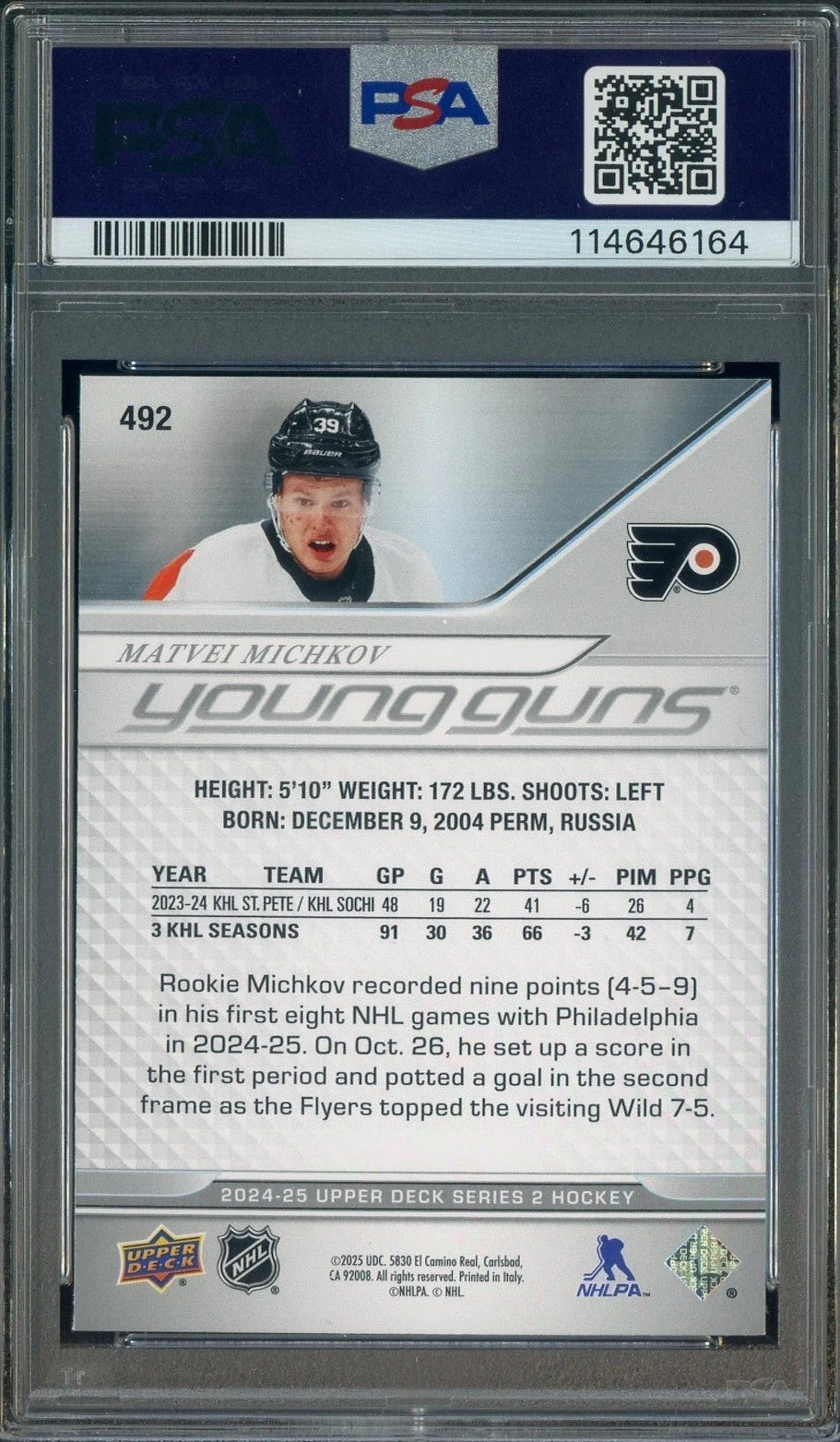 2024/25 Upper Deck Matvei Michkov Young Guns Rookie Card #492 PSA 9