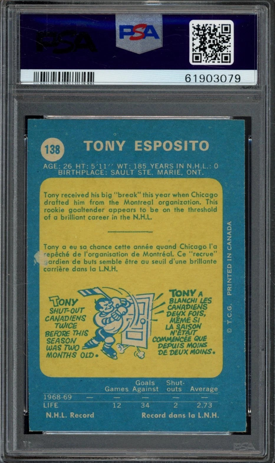 1969 OPC O-Pee-Chee Tony Esposito Graded Rookie Card #138 PSA 8