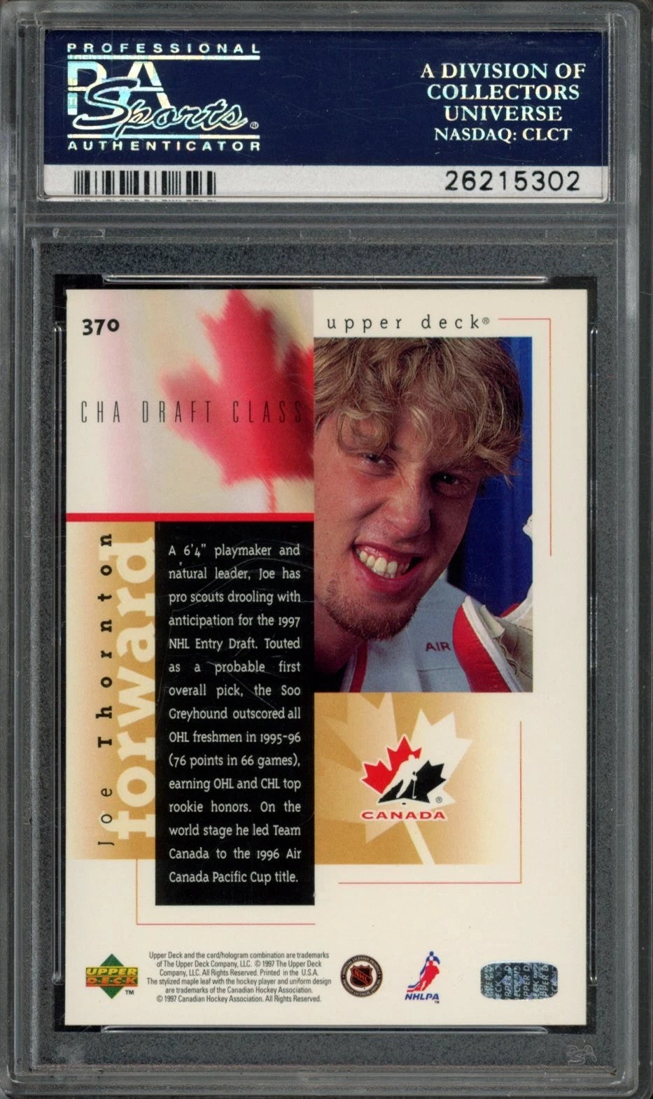 1996 Upper Deck Joe Thornton Graded Rookie Card #370 PSA 9