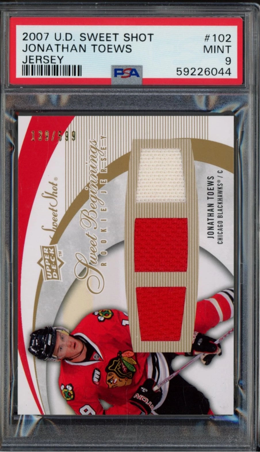 2007 Upper Deck Sweet Shot Jonathan Toews Jersey Graded Rookie Card #102 PSA 9 /599