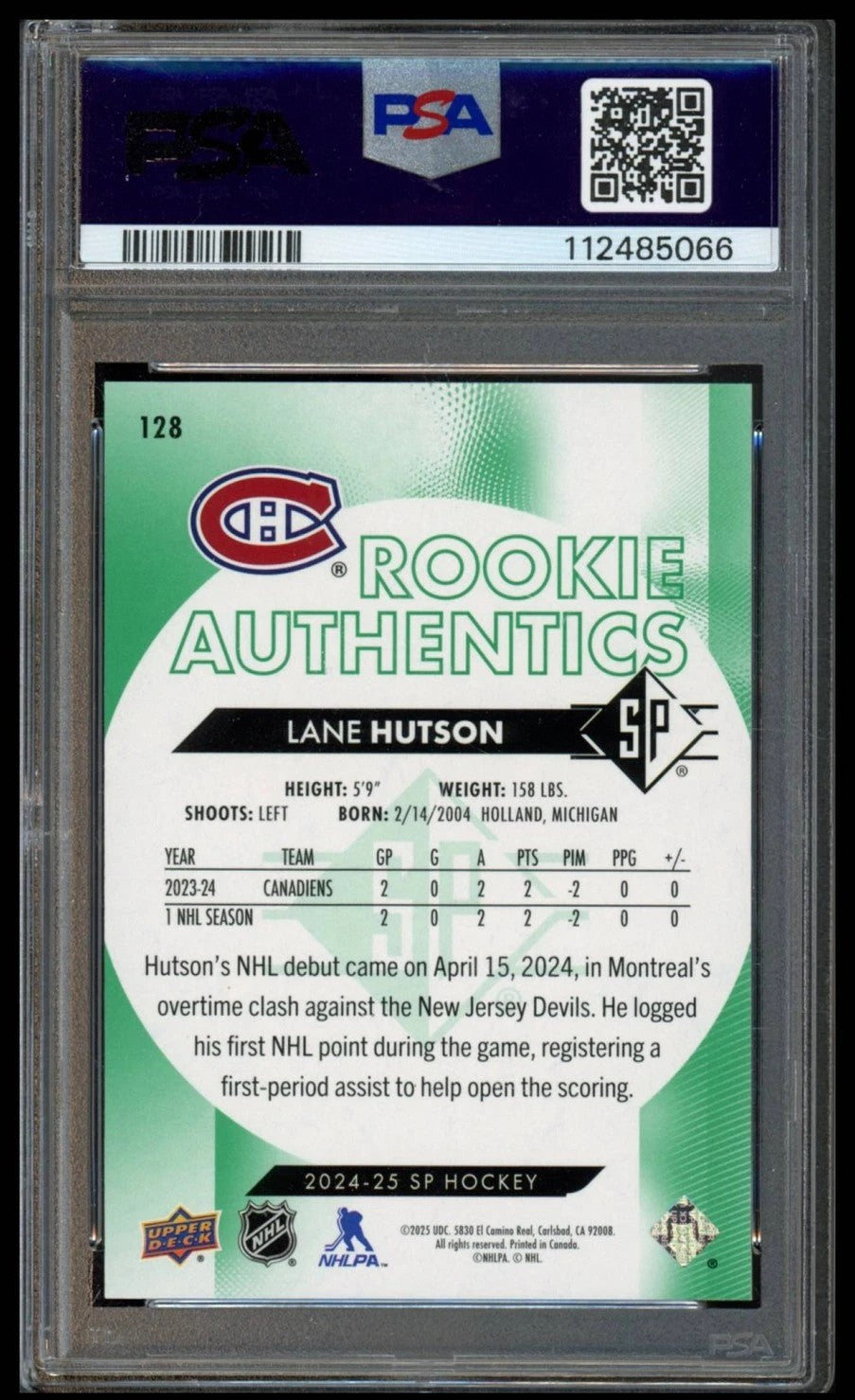 2024 UD SP Authentic Lane Hutson Green Rookie Card 1/25 #128 PSA 10 POP 1