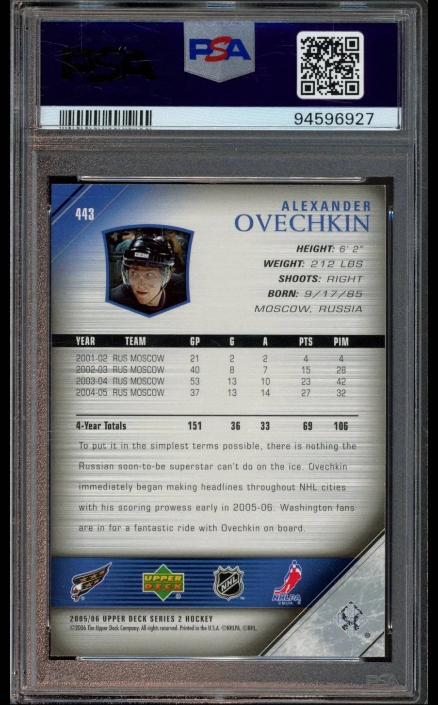 2005 Upper Deck Alexander Ovechkin Young Guns Graded Rookie Card #443 PSA 9