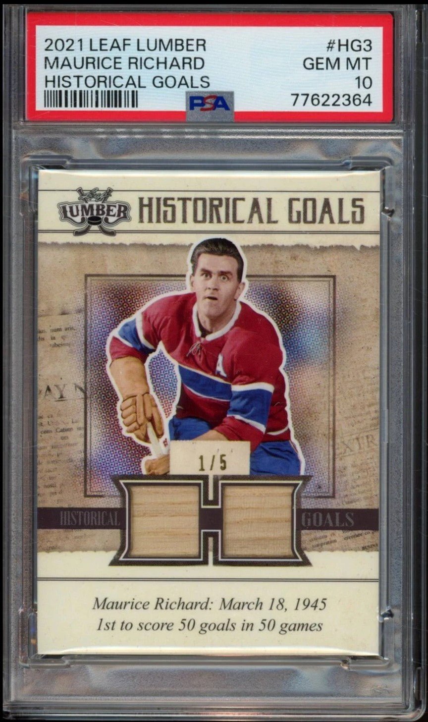 2021 Leaf Lumber Maurice Richard Historical Goals 1/5 Card #HG3 PSA 10 POP 1