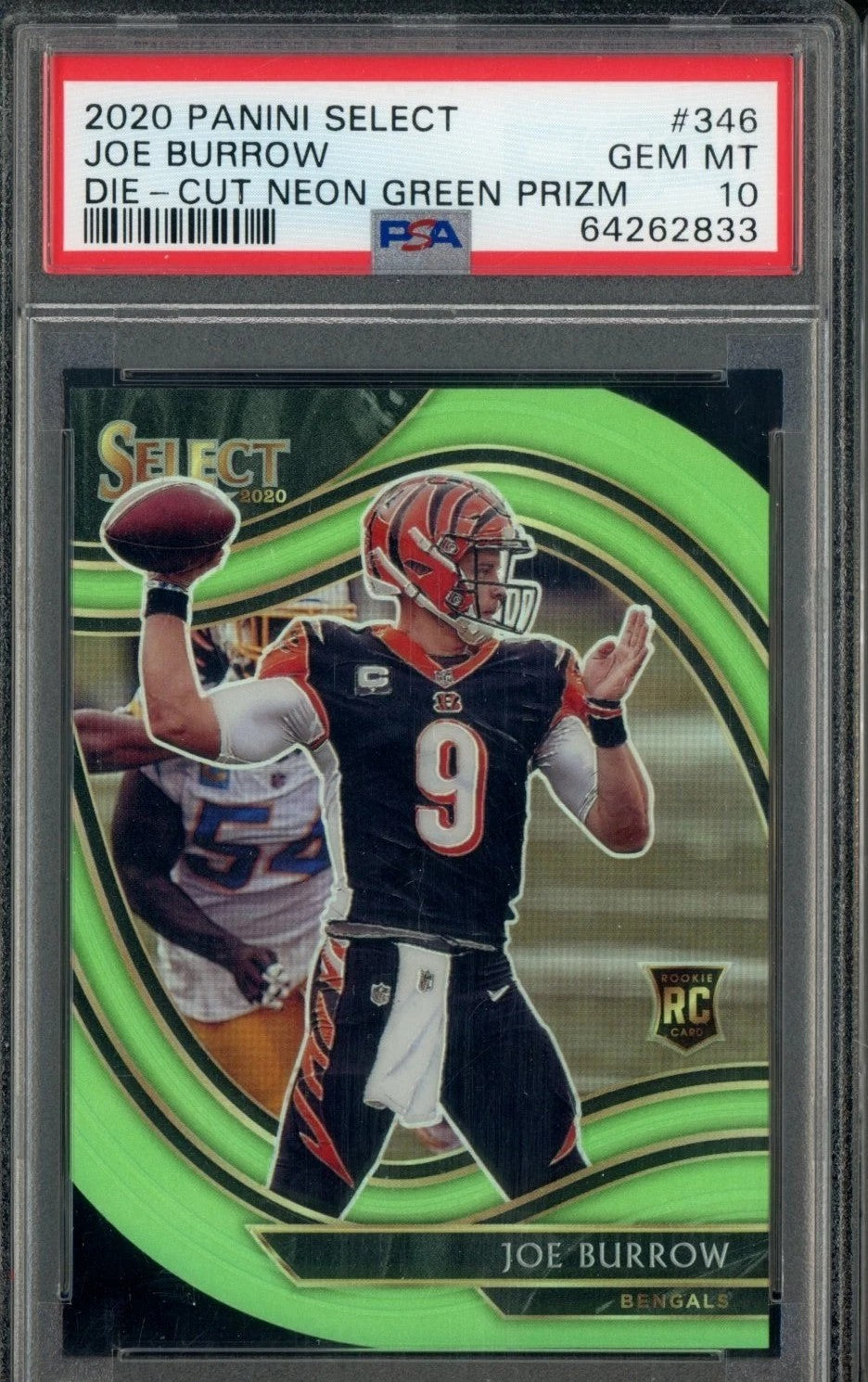2020 Panini Select Joe Burrow Die-Cut Neon Green Prizm Rookie Card #346 PSA 10