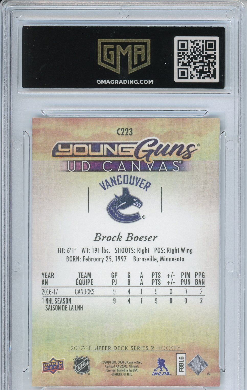 2017 Upper Deck Brock Boeser #C223 UD Canvas Young Guns Rookie GMA 8.5