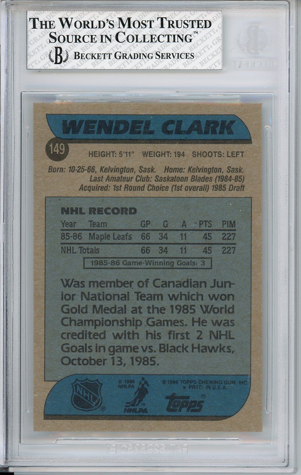 1986/87 Topps #149 Wendel Clark BGS 8