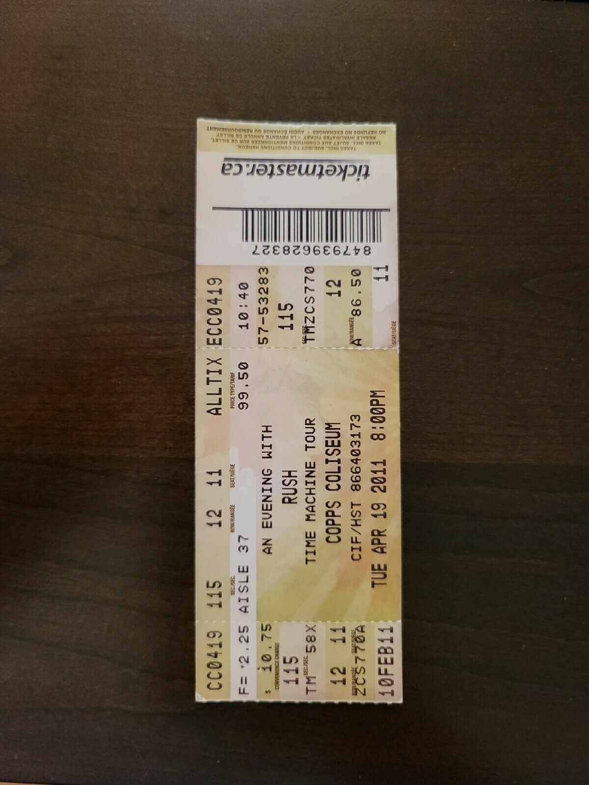 RUSH 2011, Hamilton Copps Coliseum Original Ticket Stub Neil Peart, Lee, Lifeson