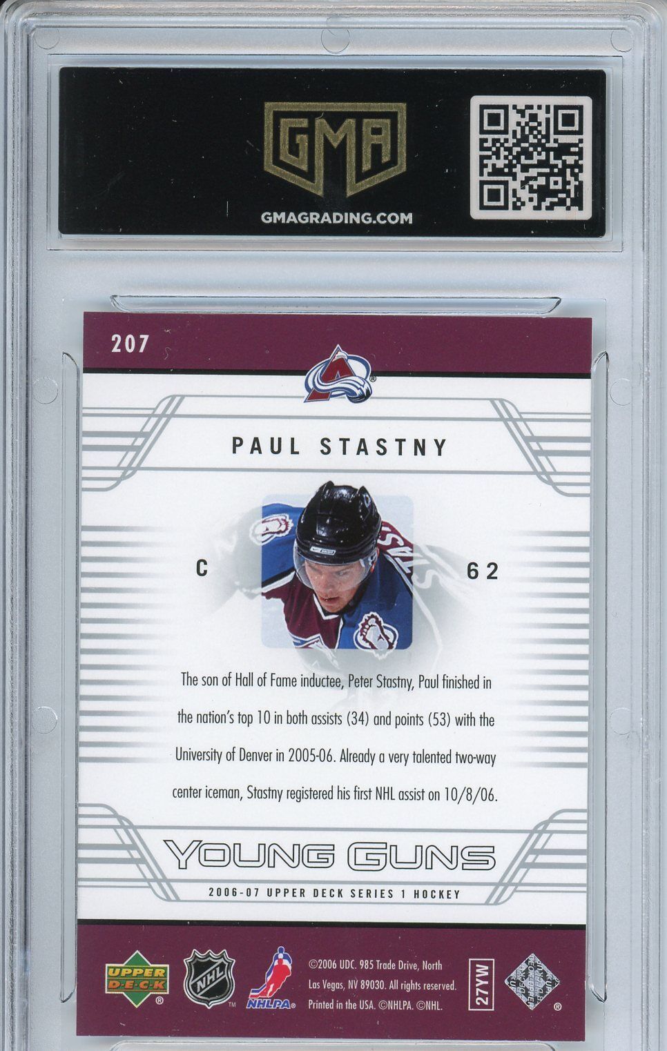 2008 Upper Deck Paul Stastny #207 Young Guns Rookie GMA 10