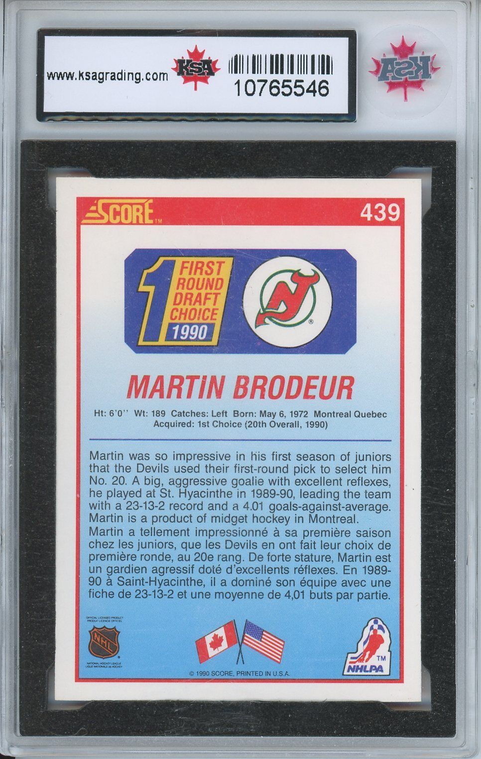 1990/91 Score #439 Martin Brodeur Rookie Card KSA 8