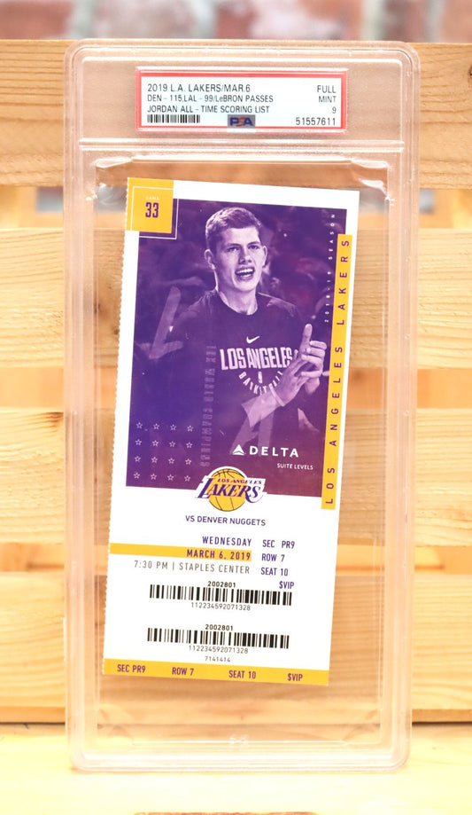 2019 Lakers LEBRON JAMES passes MICHAEL JORDAN All Time Scoring Ticket PSA 9