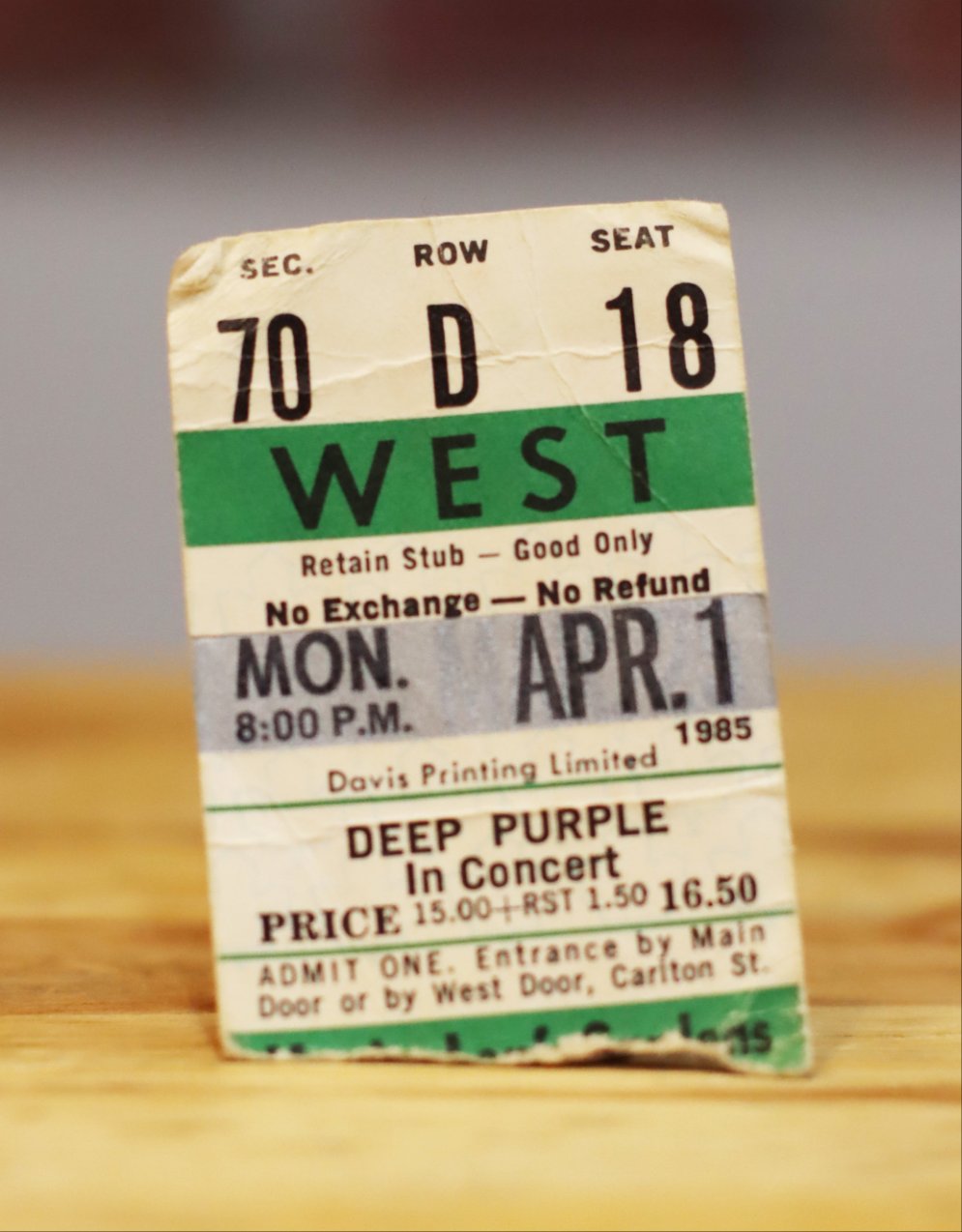 Deep Purple 1985 Maple Leaf Gardens Toronto Original Vintage Concert Ticket Stub