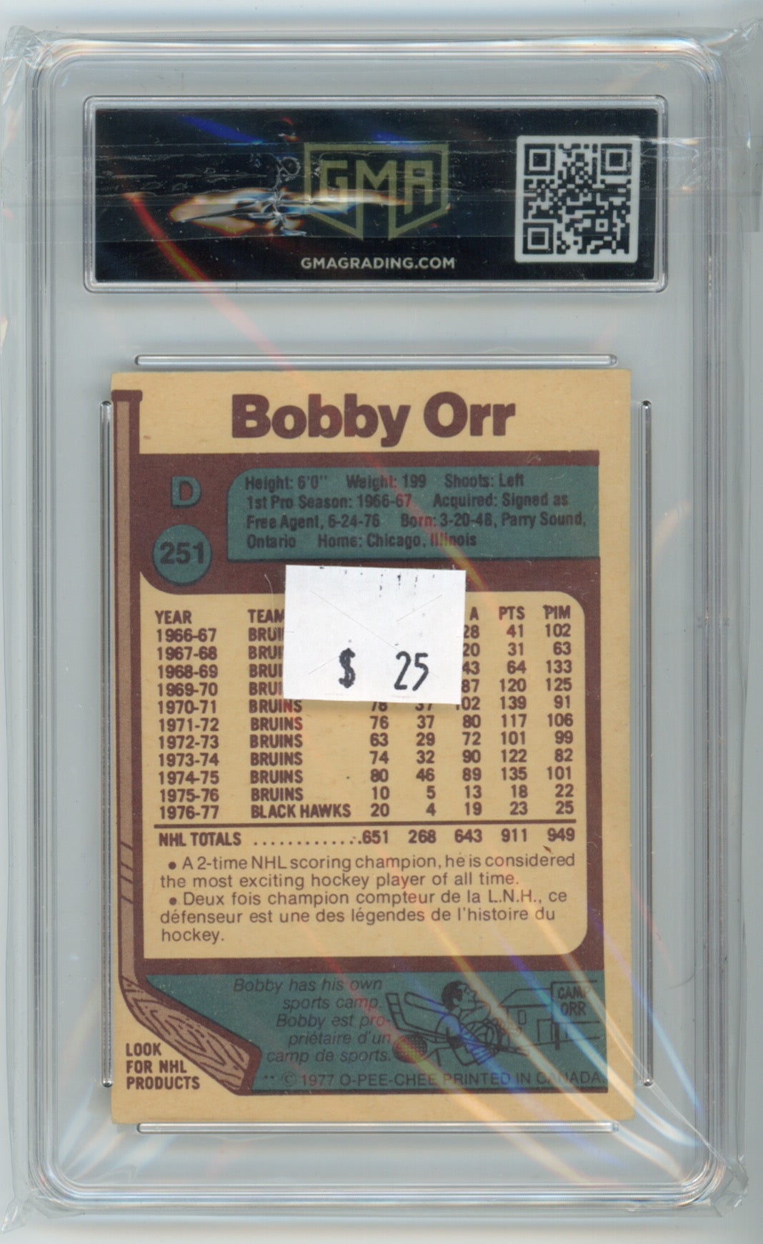 1977 O-Pee-Chee Bobby Orr #251 Rookie GMA 3.5