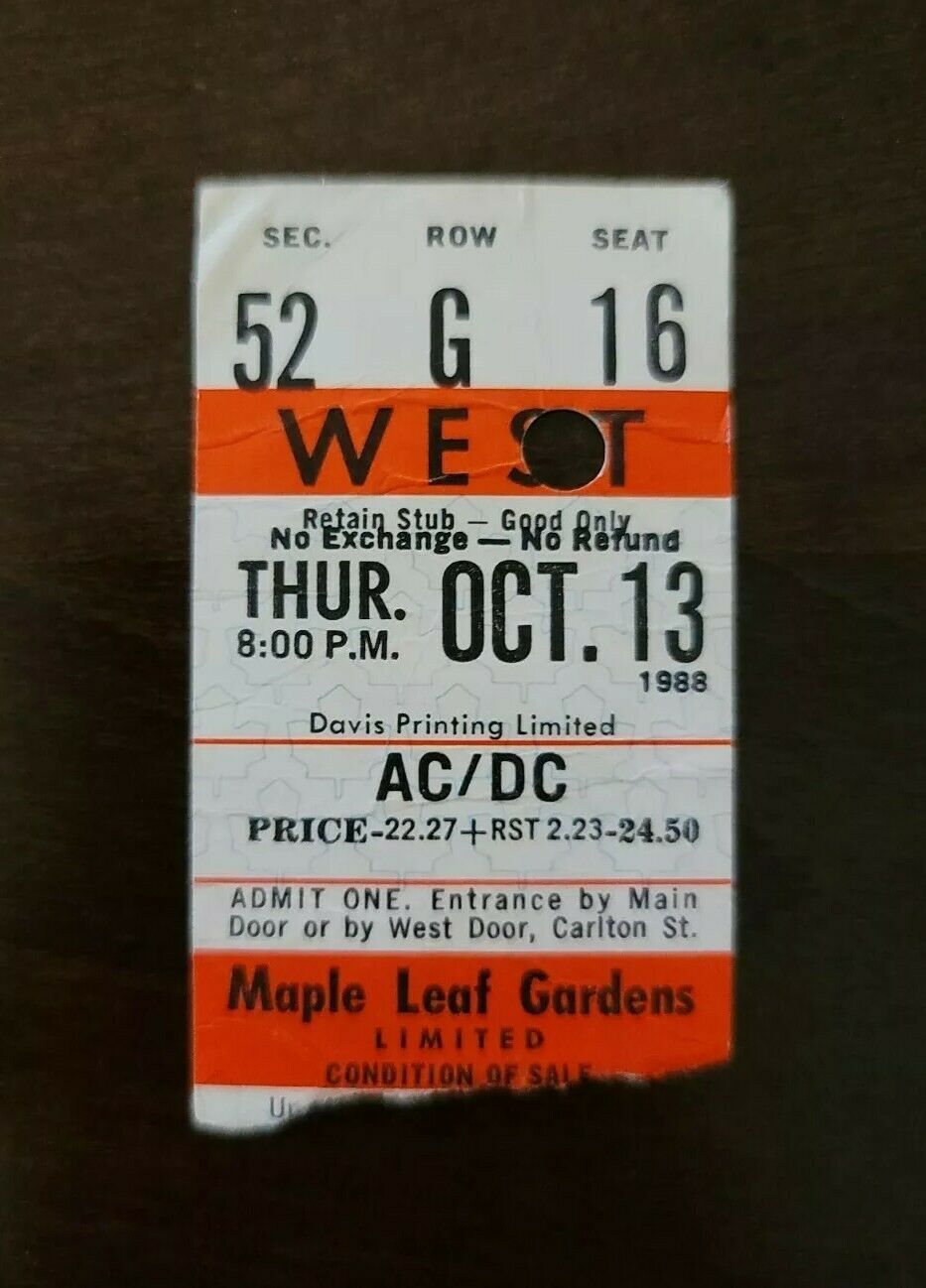 AC/DC 1988, Toronto Maple Leaf Gardens Original Vintage Concert Ticket Stub