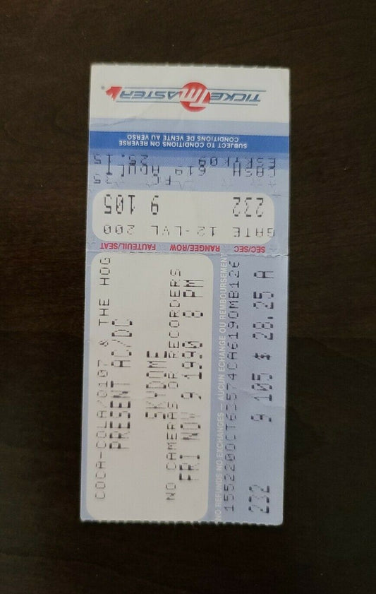 AC/DC 1990, Toronto Skydome Original Concert Ticket Stub