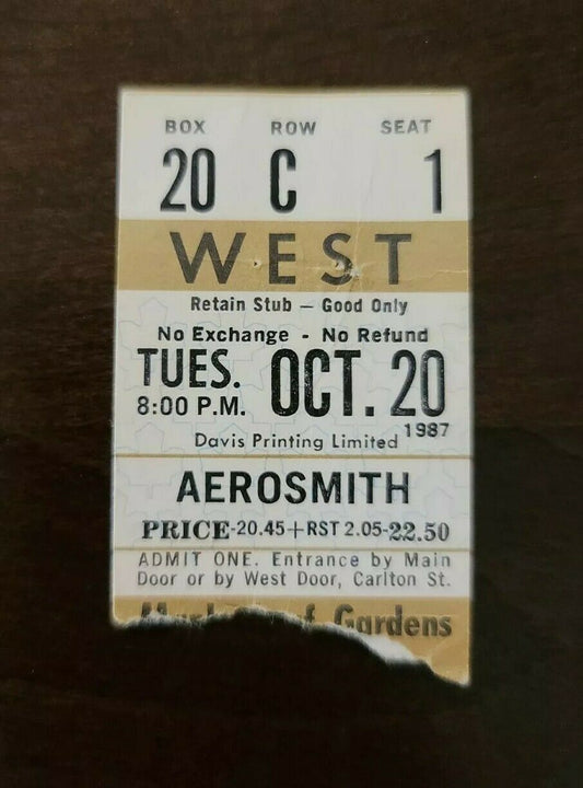 Aerosmith 1987, Toronto Maple Leaf Gardens Vintage Original Concert Ticket Stub