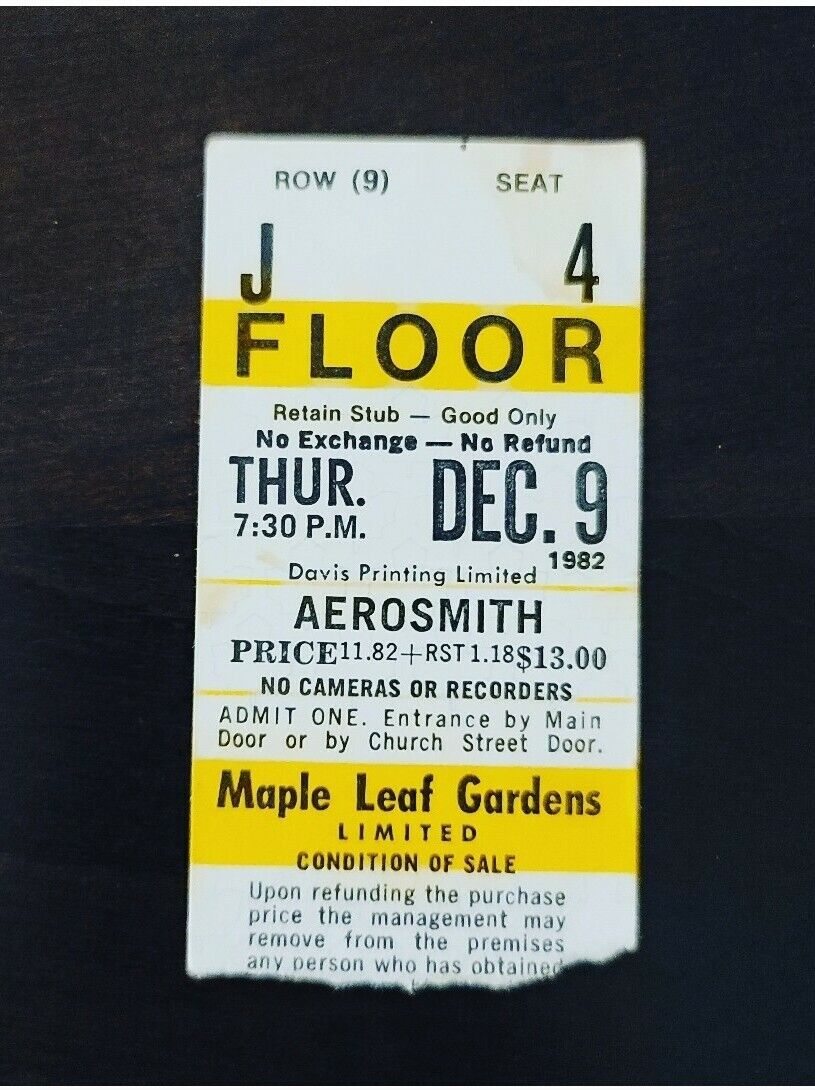 Aerosmith 1982, Toronto Maple Leaf Gardens Vintage Original Concert Ticket Stub