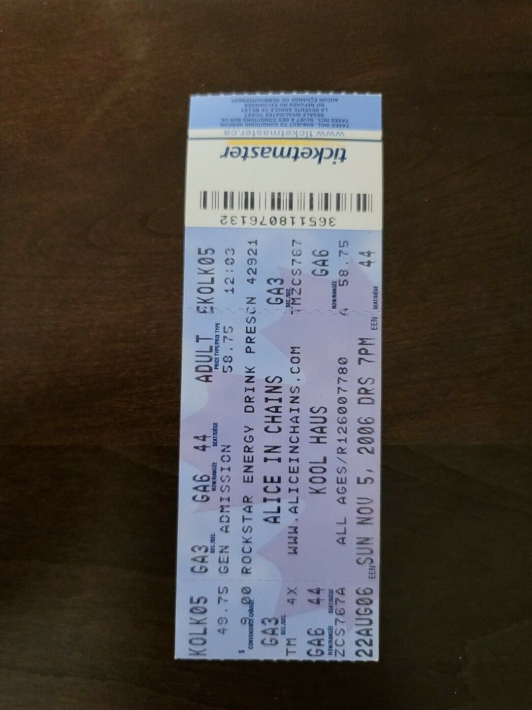 Alice In Chains 2006, Toronto Kool Haus Vintage Original Concert Ticket Stub