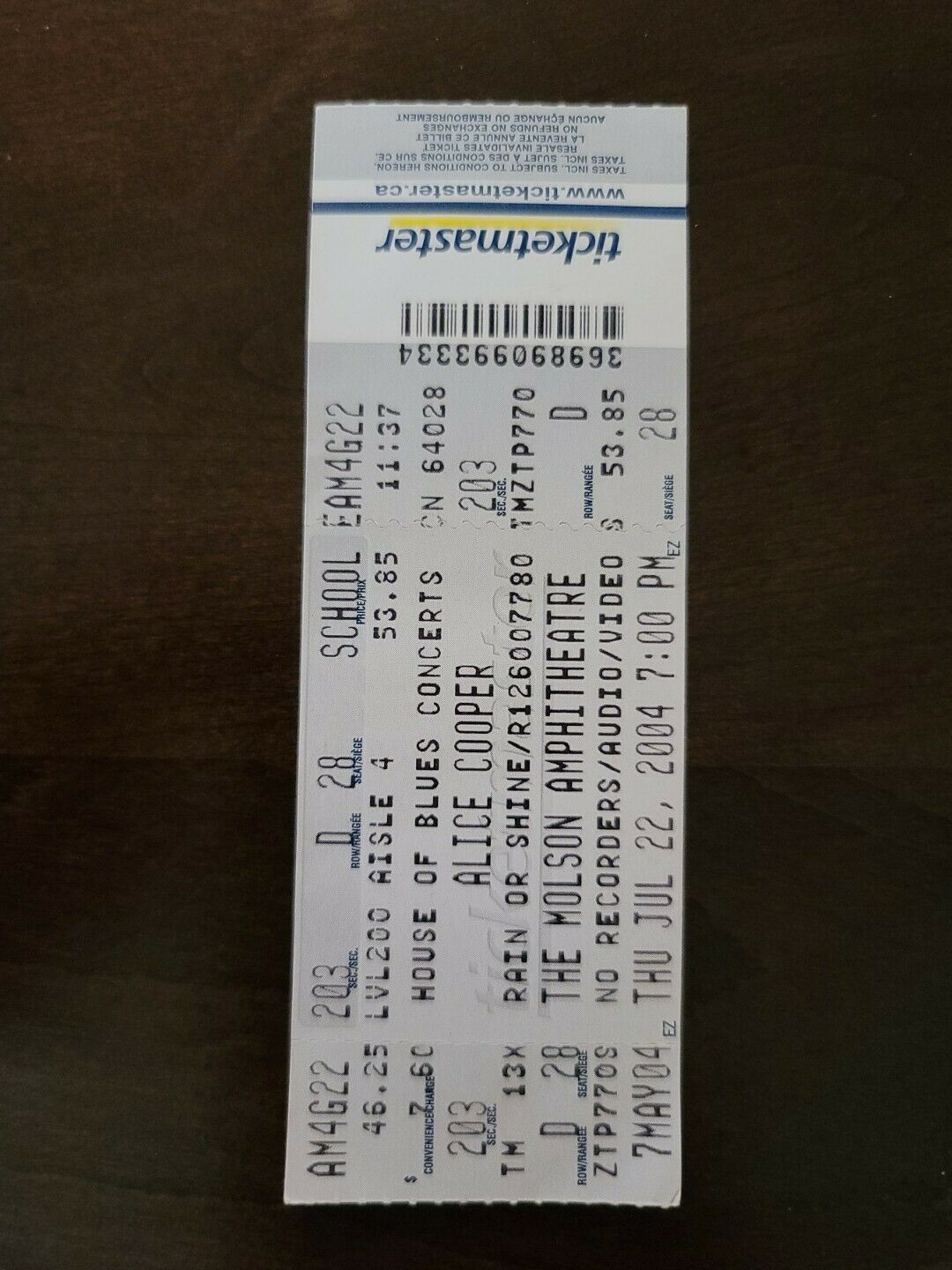 Alice Cooper 2004, Toronto Molson Amphitheaters Original Concert Ticket Stub