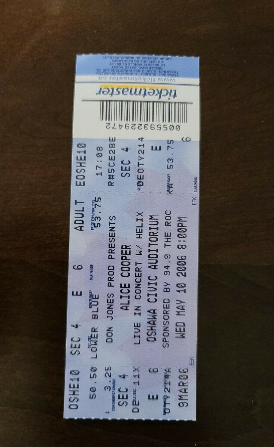 Alice Cooper 2006 Oshawa Civic Auditorium Original Vintage Concert Ticket Stub