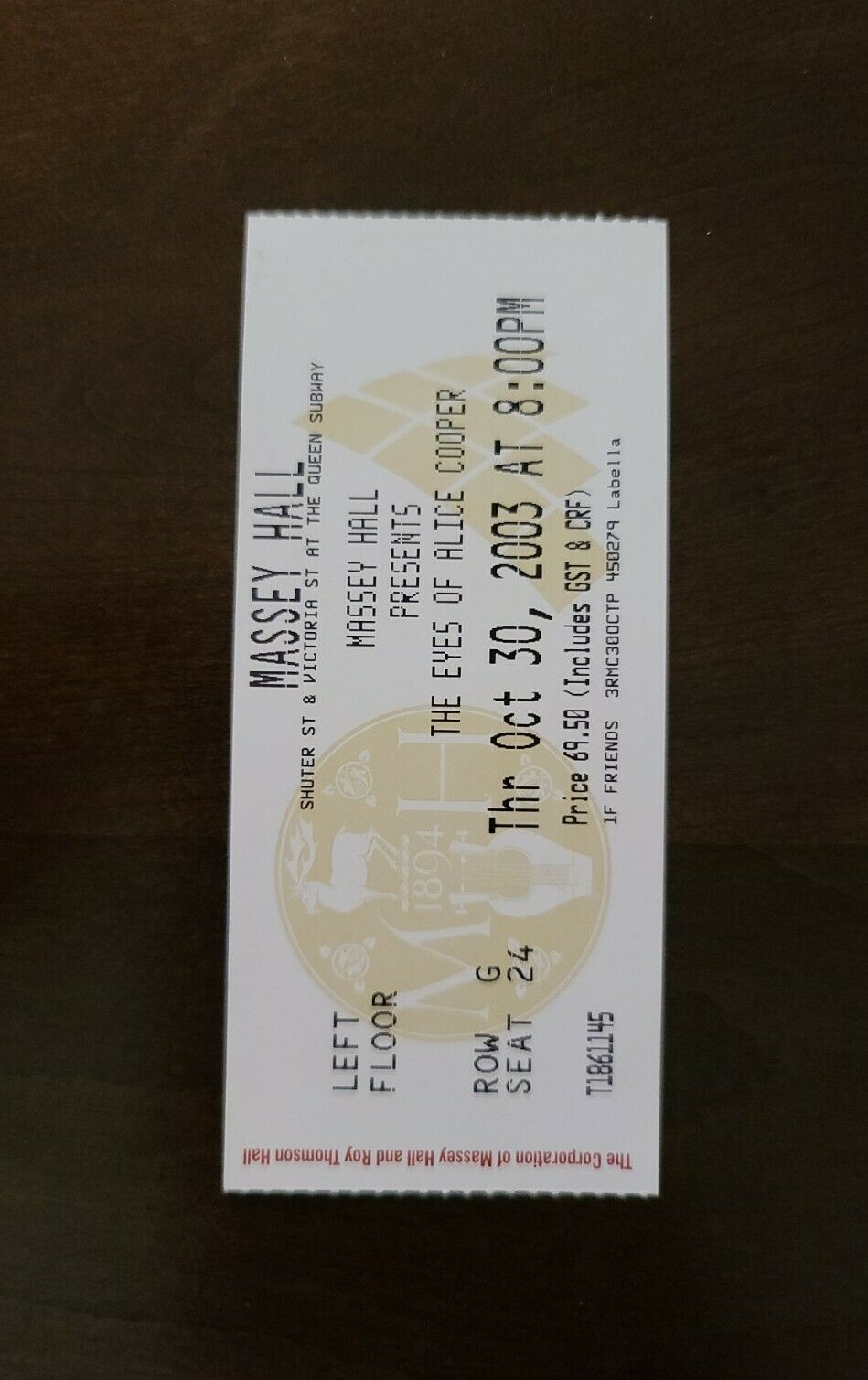 Alice Cooper 2003, Toronto Massey Hall Original Vintage Concert Ticket Stub