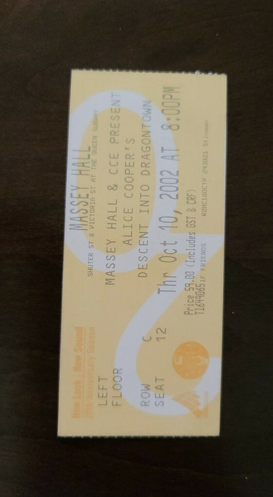 Alice Cooper 2002, Toronto Massey Hall Original Vintage Concert Ticket Stub