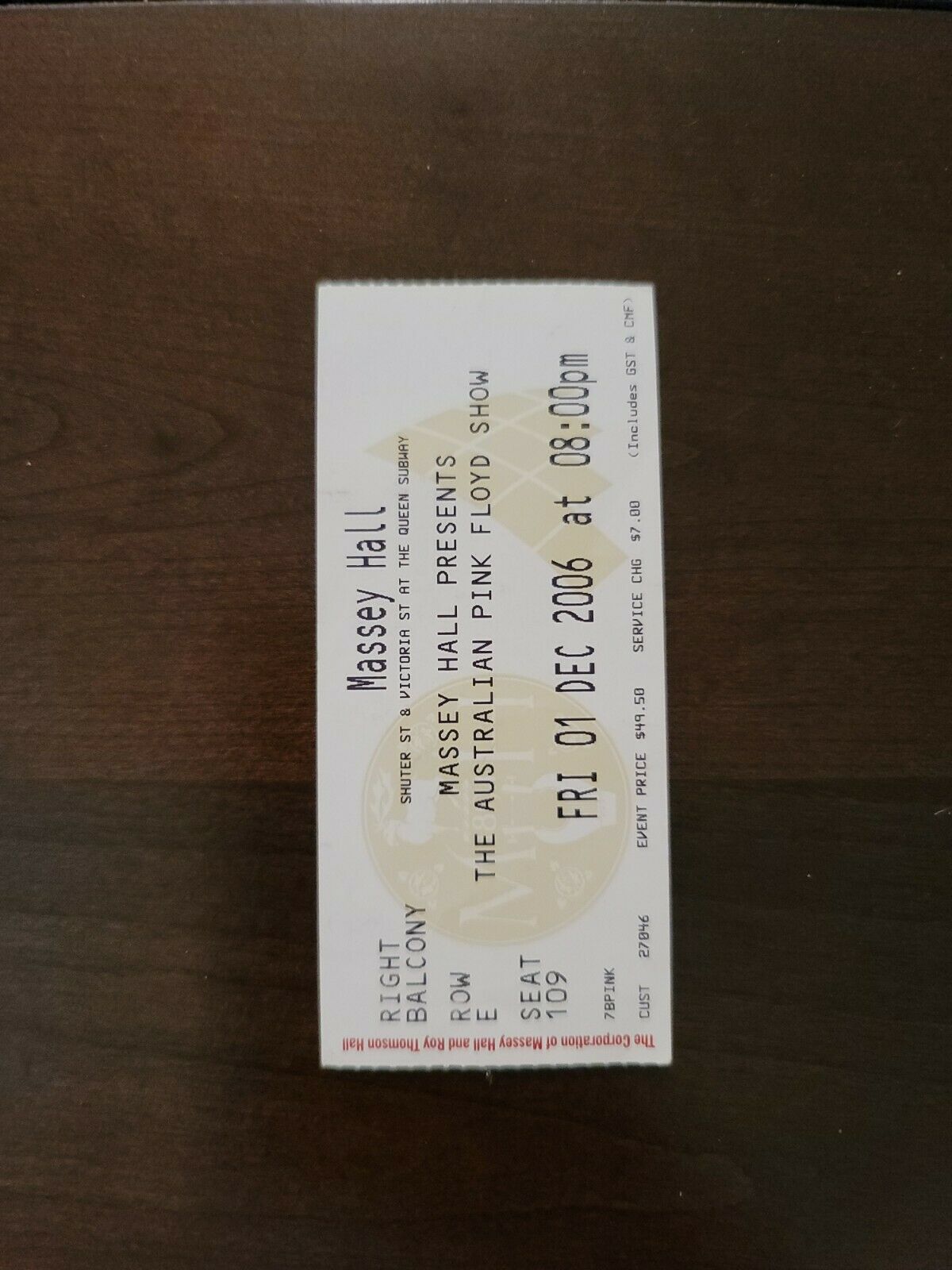 Australian Pink Floyd 2006, Toronto Massey Hall Original Concert Ticket Stub