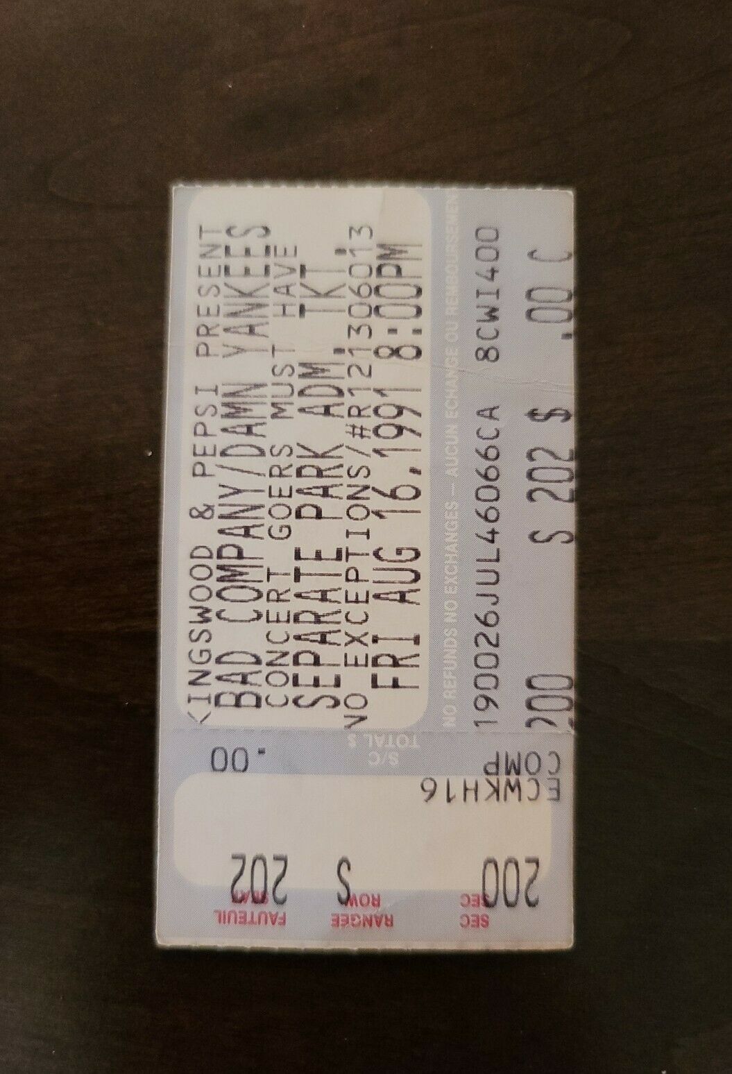 Bad Company 1991, Toronto Kingswood Music Theatre Original Concert Ticket Stub