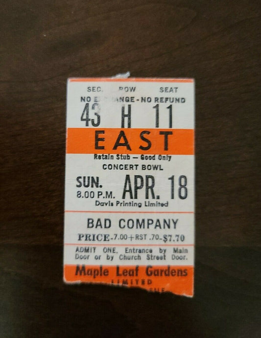 Bad Company 1976, Toronto Maple Leaf Gardens Original Concert Ticket Stub