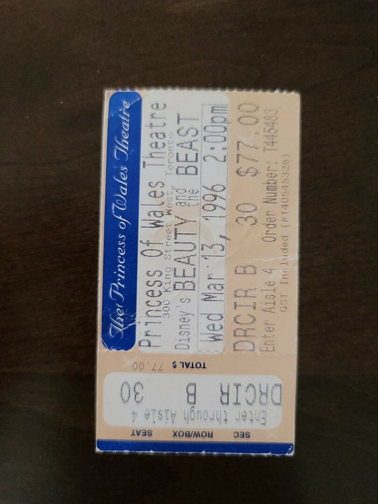 Beauty And The Beast Toronto, 1996 Original Vintage Concert Ticket Stub