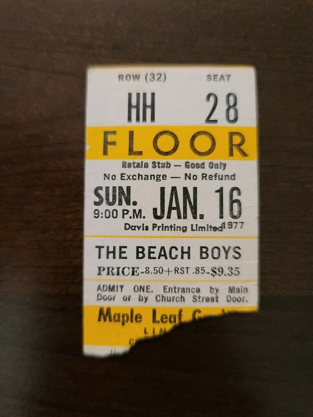 The Beach Boys 1977, Toronto Maple Leaf Gardens Original Concert Ticket Stub