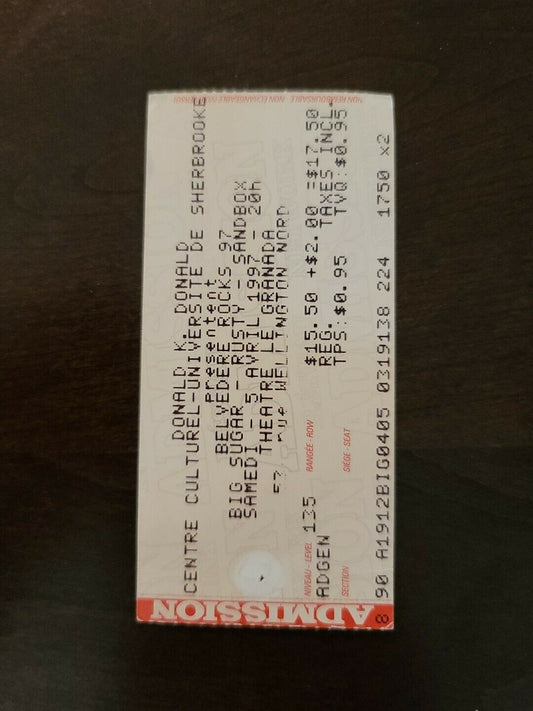 Big Sugar 1997, Sherbrooke Donald K Centre Original Vintage Concert Ticket Stub
