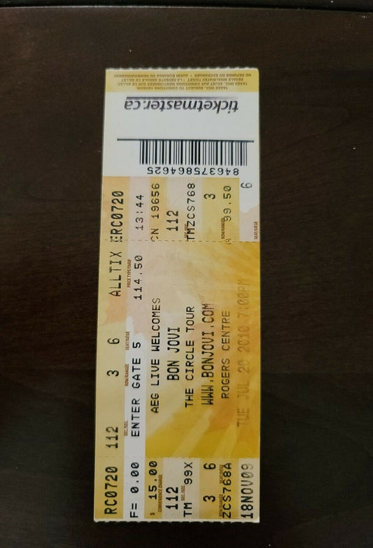 Bon Jovi 2010 Toronto Rogers Centre Original Vintage Concert Gold Ticket Stub