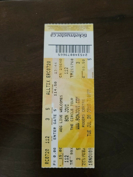 Bon Jovi 2010 Toronto Rogers Centre Original Vintage Concert Ticket Stub