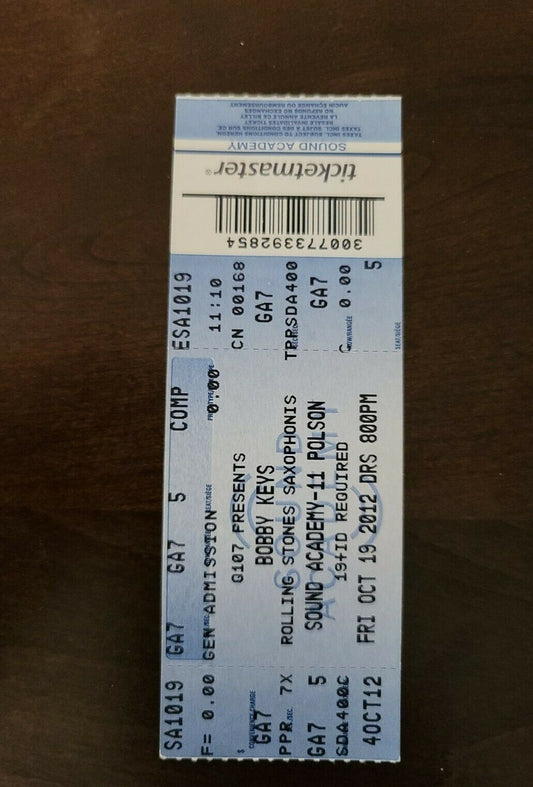 Bobby Keys 2012 Toronto Sound Academy Original Vintage Concert Ticket Stub