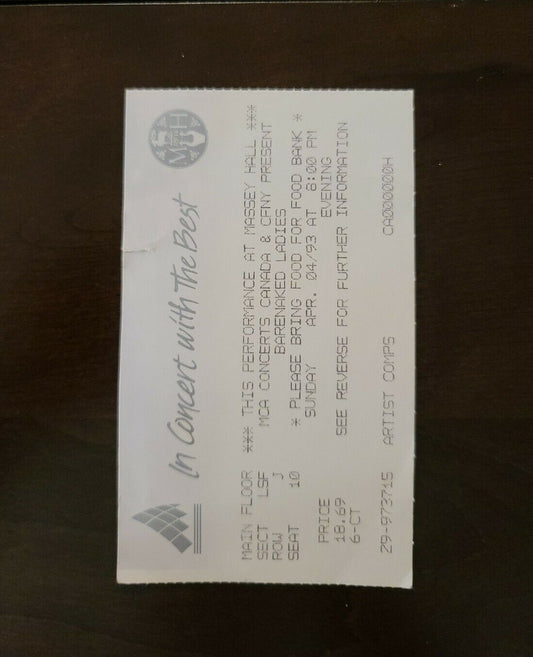 Barenaked Ladies 1993, Toronto Massey Hall Original Concert Ticket Stub