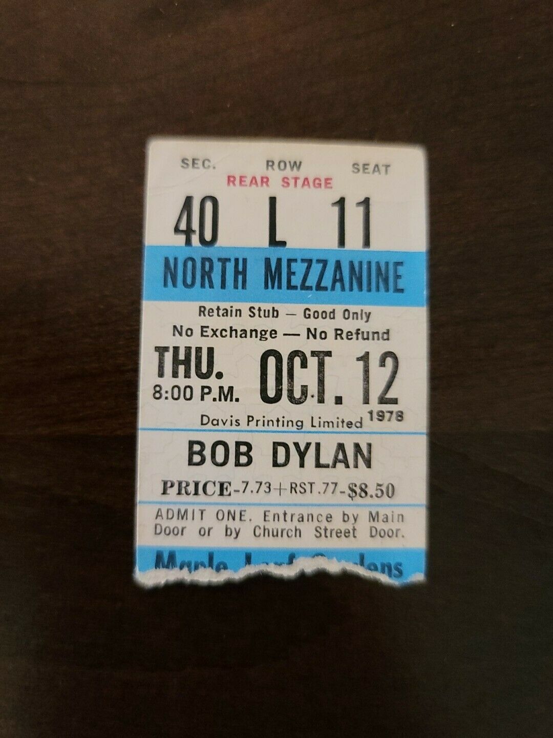 Bob Dylan 1978, Toronto Maple Leaf Gardens Vintage Concert Ticket Stub
