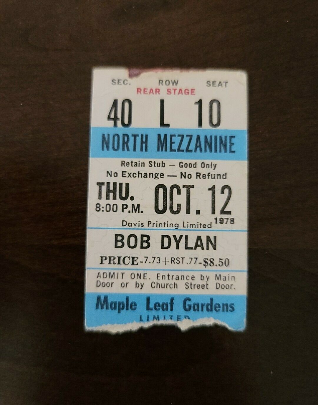 Bob Dylan 1978, Toronto Maple Leaf Gardens Original Vintage Concert Ticket Stub