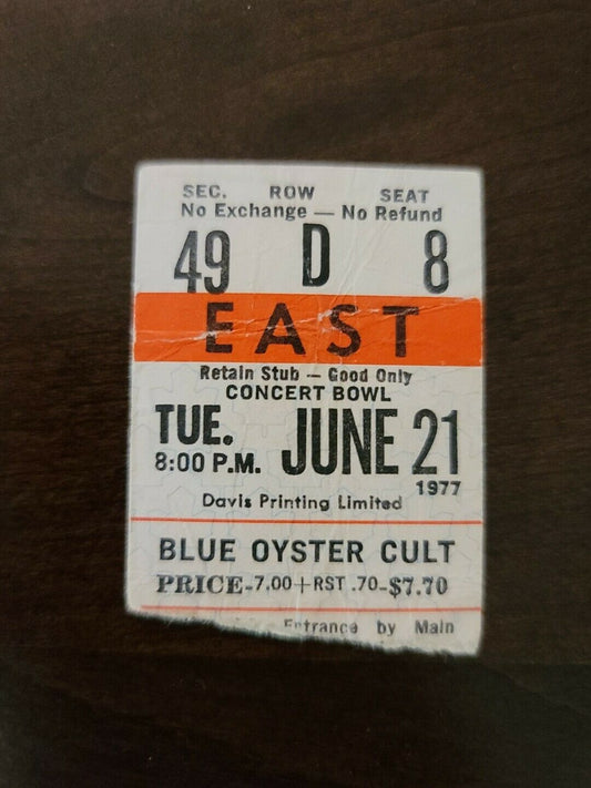 Blue Oyster Cult 1977, Toronto Maple Leaf Gardens Original Concert Ticket Stub