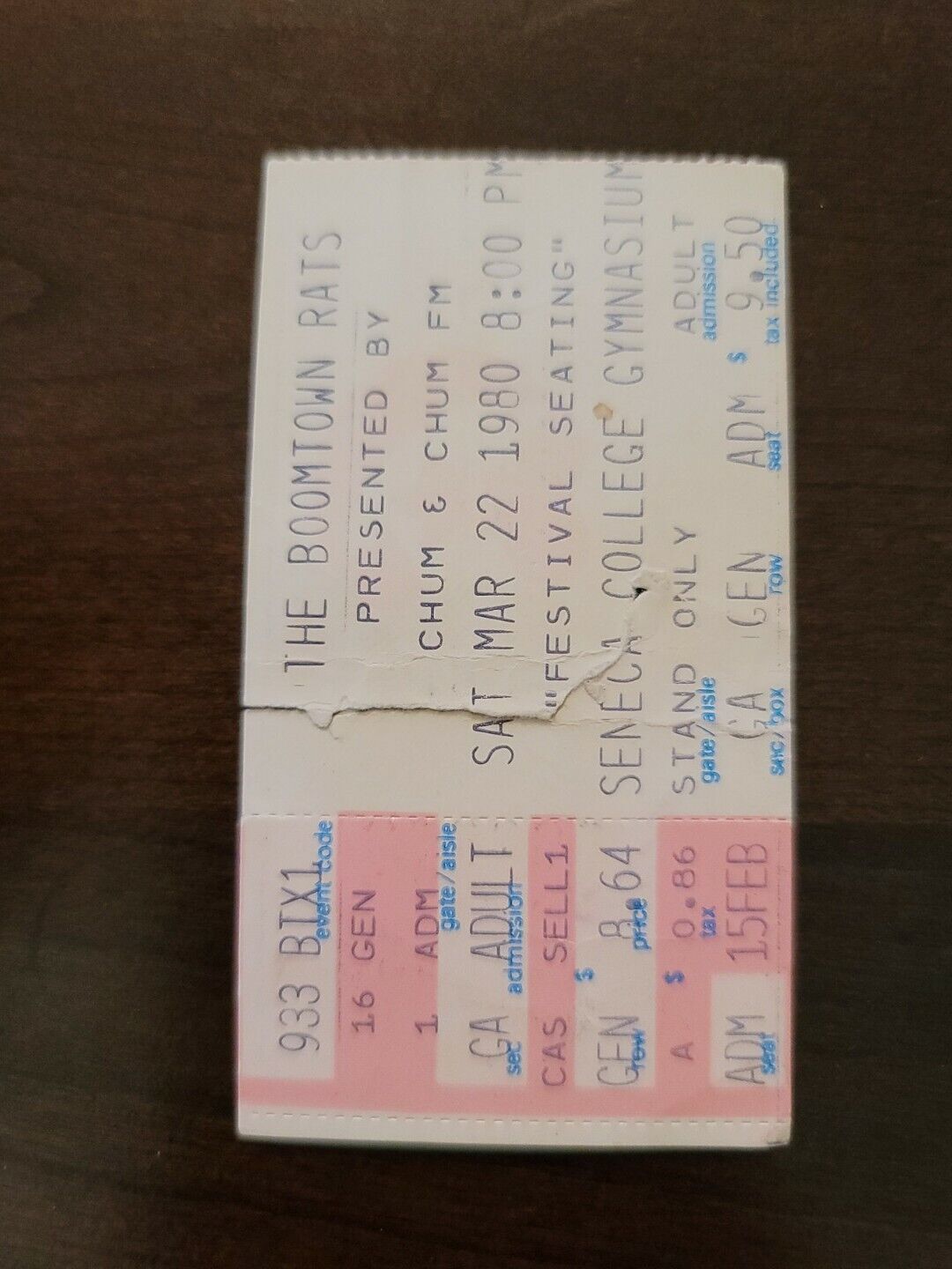 The Boomtown Rats 1980, Toronto Seneca College Original Concert Ticket Stub