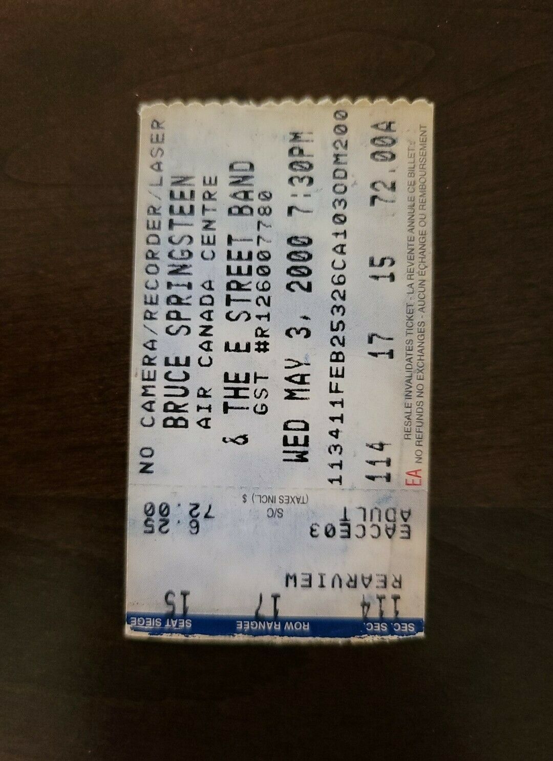 Bruce Springsteen 2000, Air Canada Centre Toronto Original Concert Ticket Stub
