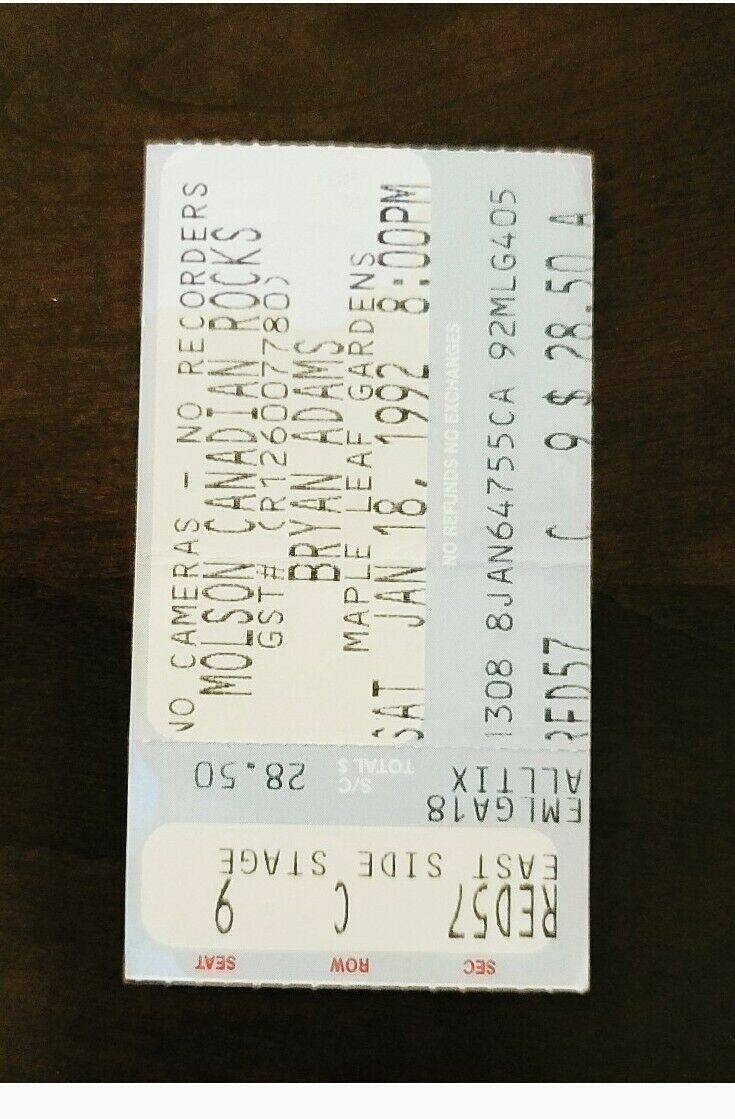 Bryan Adams 1992 Maple Leaf Gardens Toronto Original Vintage Concert Ticket Stub