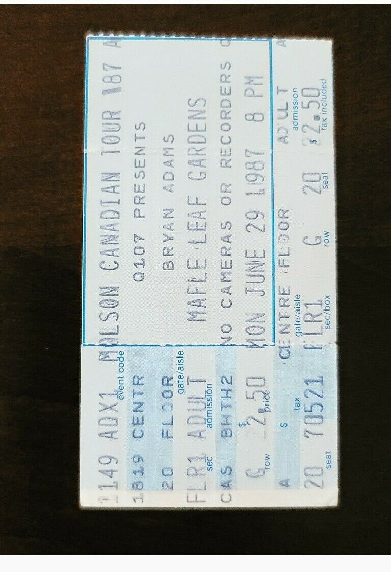 Bryan Adams 1987 Maple Leaf Gardens Toronto Original Vintage Concert Ticket Stub