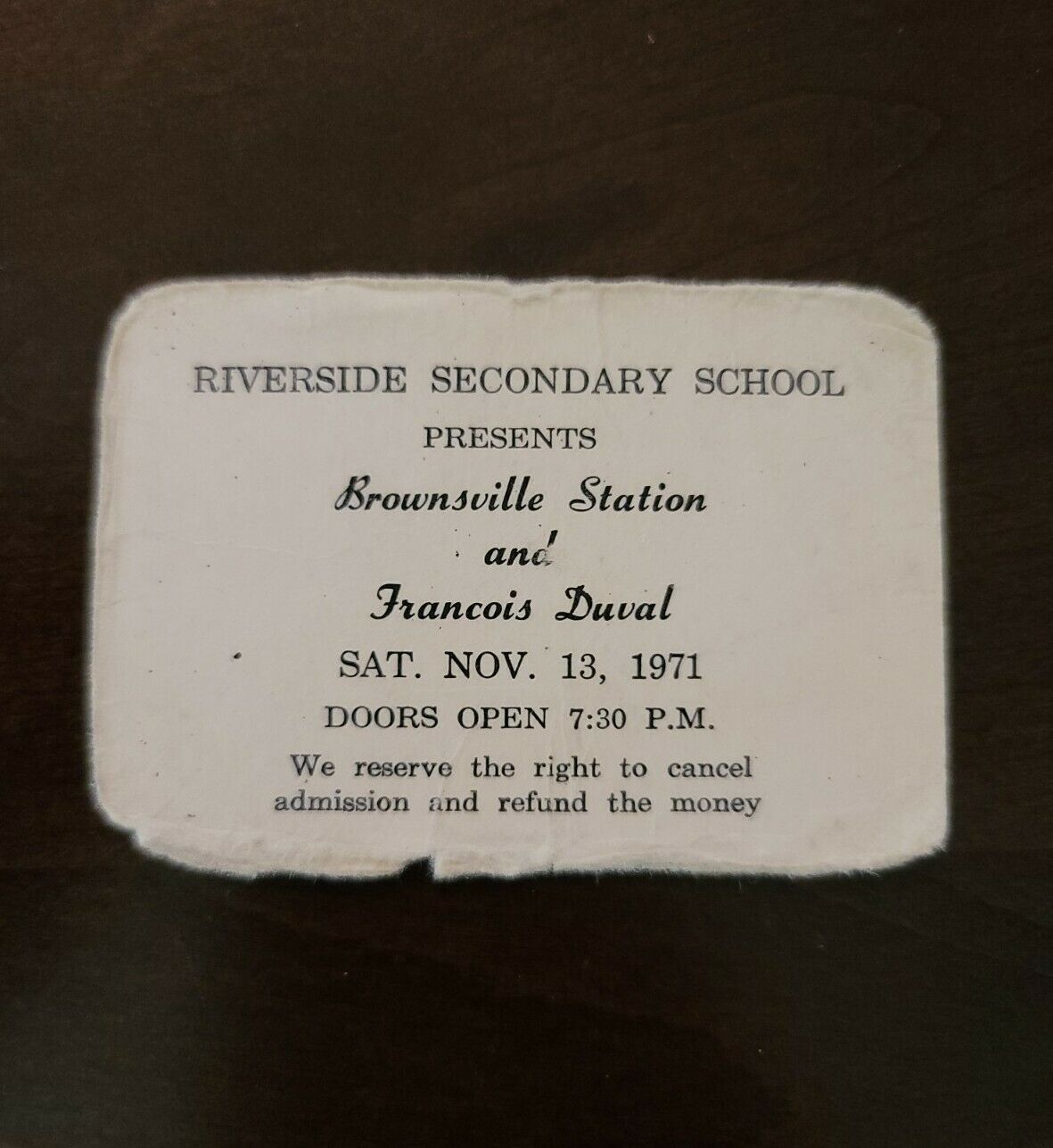 Brownsville Station 1971 Riverside Secondary School Original Concert Ticket Stub