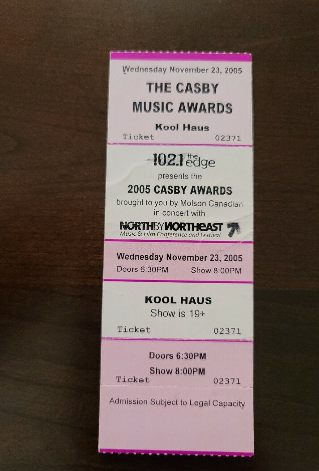 The CASBY Music Awards 2005, Toronto Kool Haus Original Concert Ticket Stub