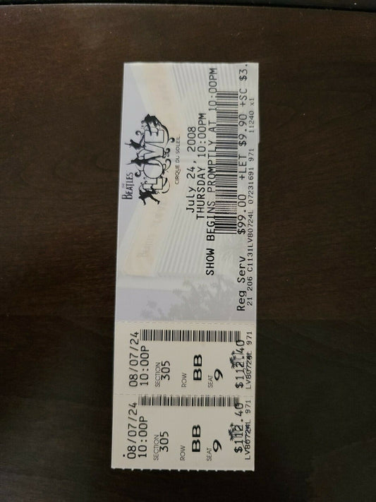 Cirque Du Soleil Beatles Love 2008, Toronto Original Concert Ticket Stub