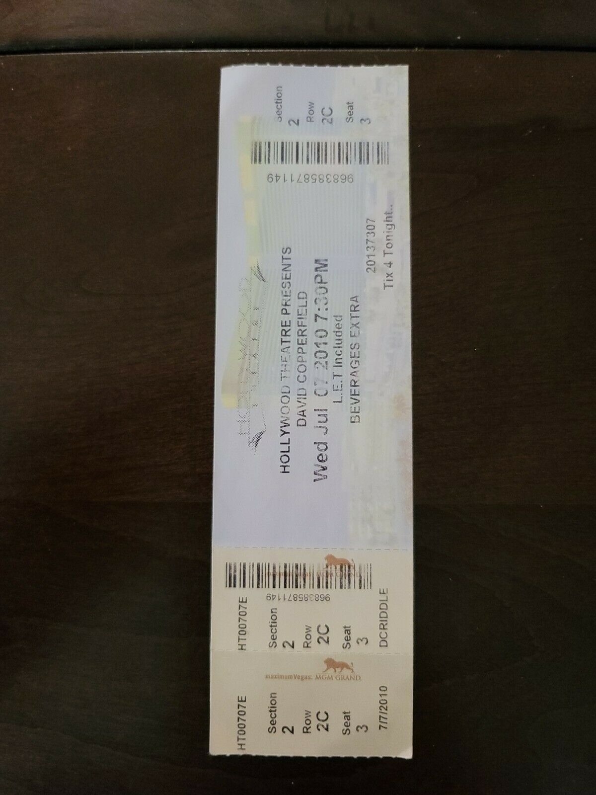 David Copperfield 2010, Hollywood Theatre Original Concert Ticket Stub