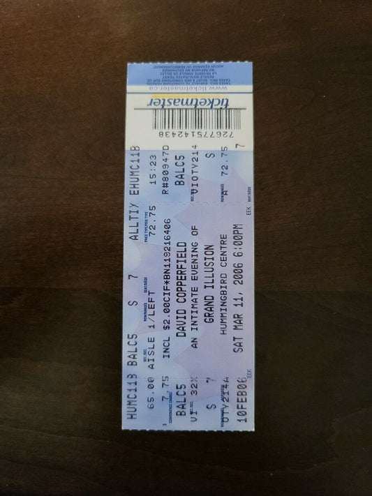 David Copperfield 2006, Toronto Hummingbird Centre Original Concert Ticket Stub