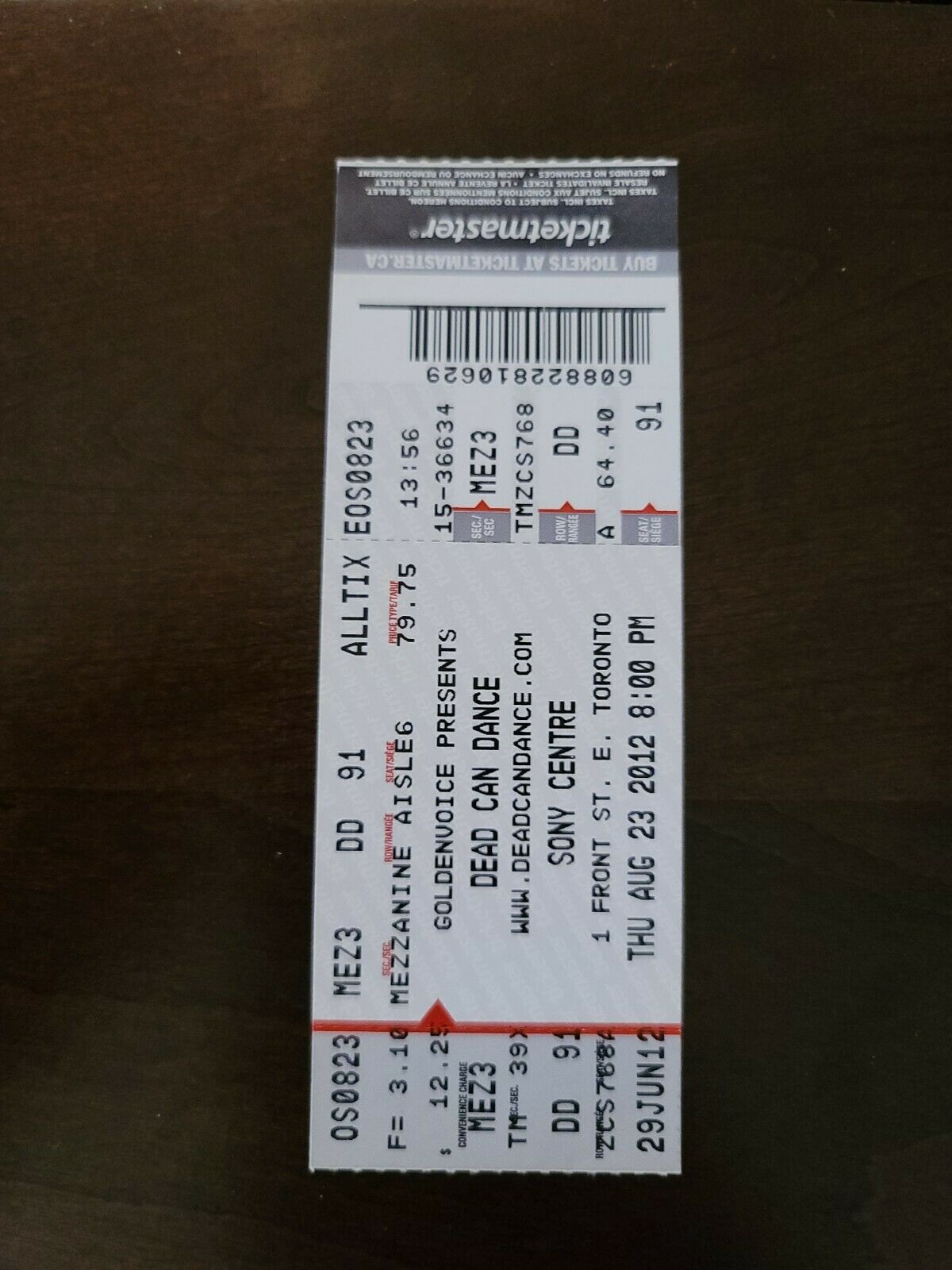 Dead Can Dance 2012, Toronto Sony Centre Original Concert Ticket Stub