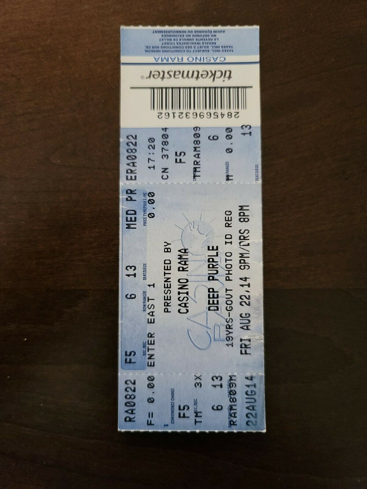 Deep Purple 2014, Casino Rama Toronto Original Vintage Concert Ticket Stub