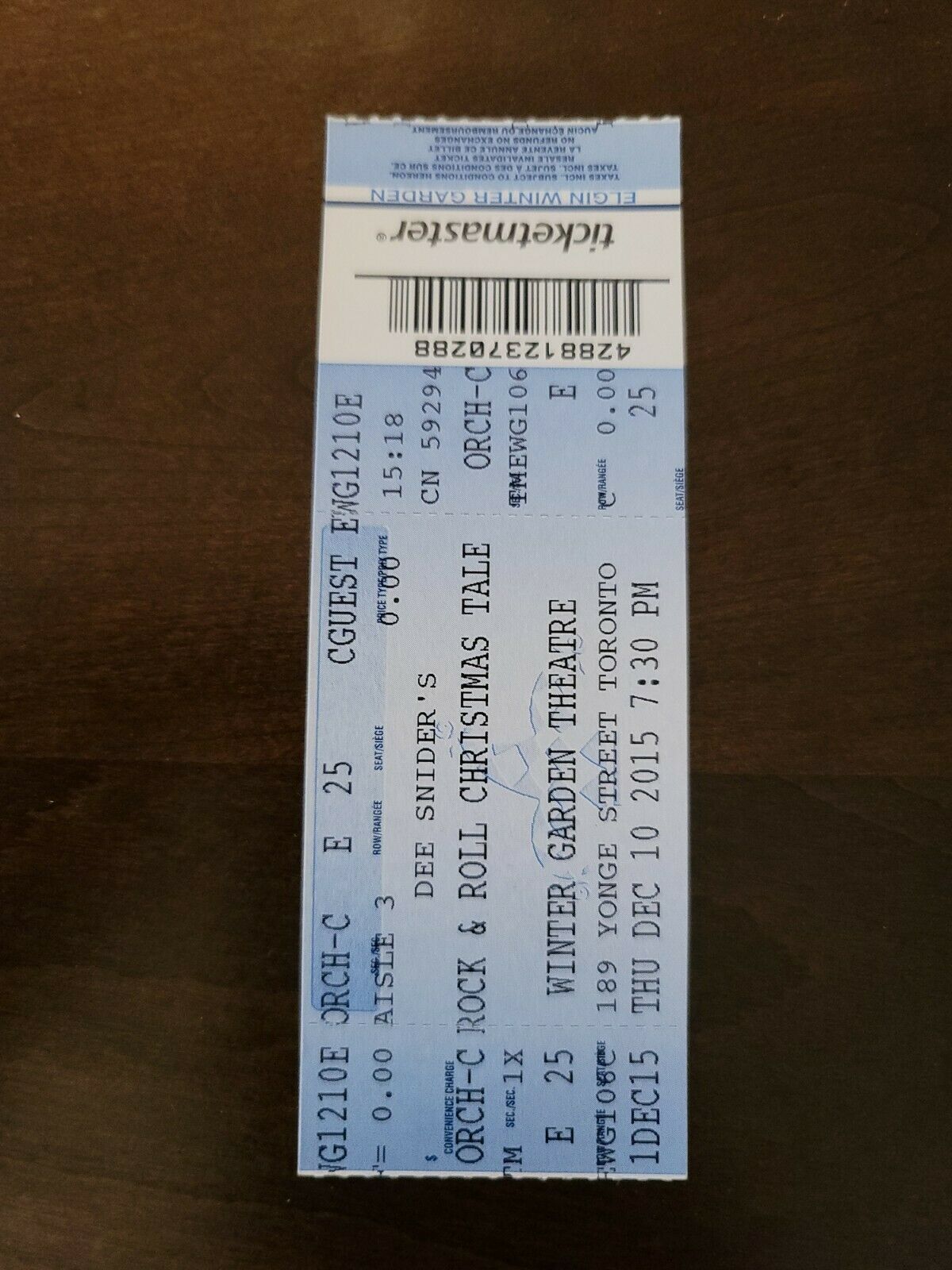 Dee Snider Rock N Roll Christmas 2015, Toronto Original Concert Ticket Stub